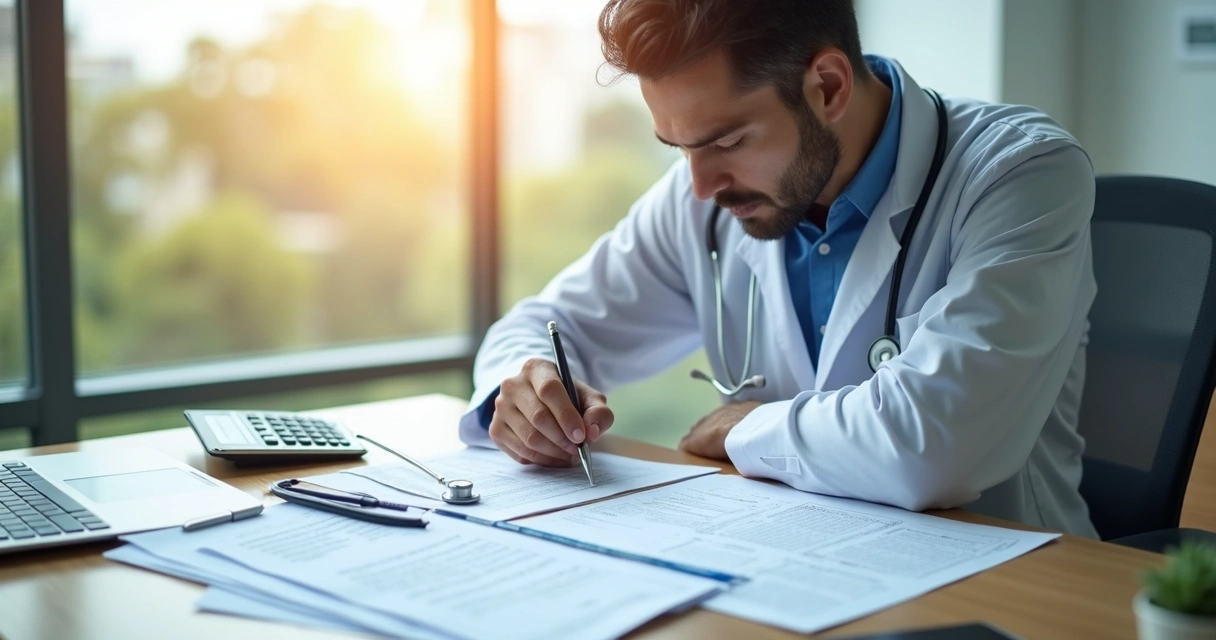 Médico analisando documentos sobre tipos de contratação profissional em sua mesa 