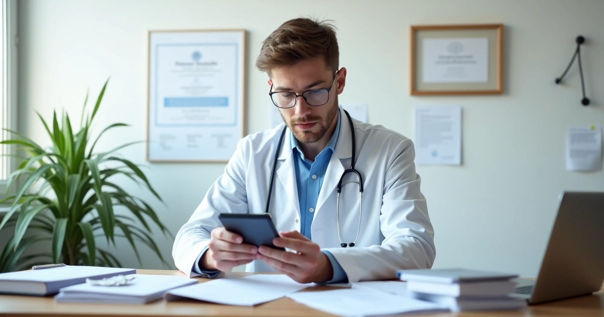Médico sente em mesa organizando contas, com documentos, computador e papéis financeiros ao redor 