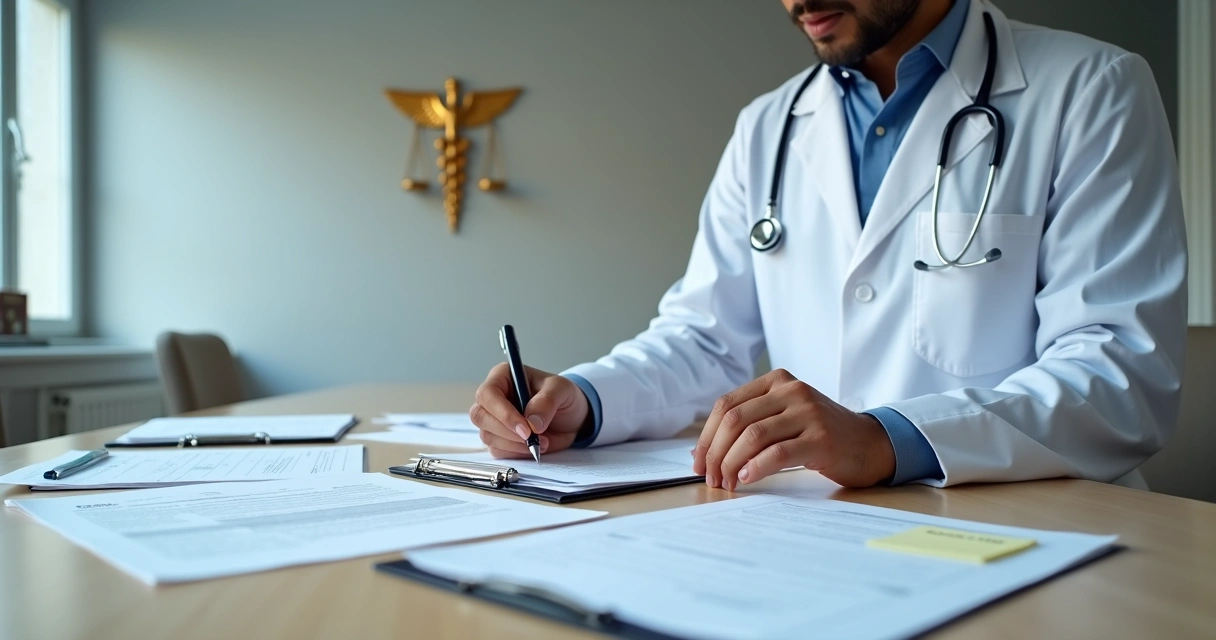 Médico em sala neutra organizando documentos médicos sobre prancheta com símbolo discreto de justiça ao fundo 