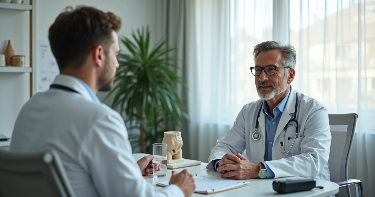 Médico conversando com paciente em consultório sobre uso de medicamento 
