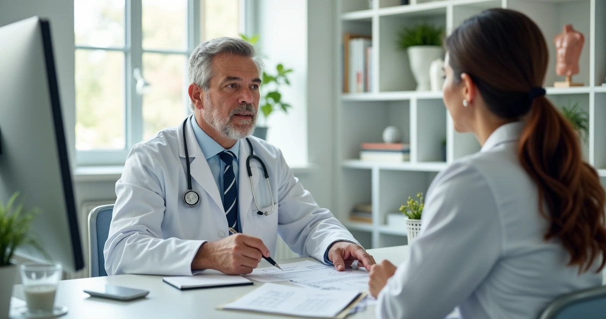 Médico explicando tratamento com Mounjaro para emagrecimento a paciente em consultório moderno 