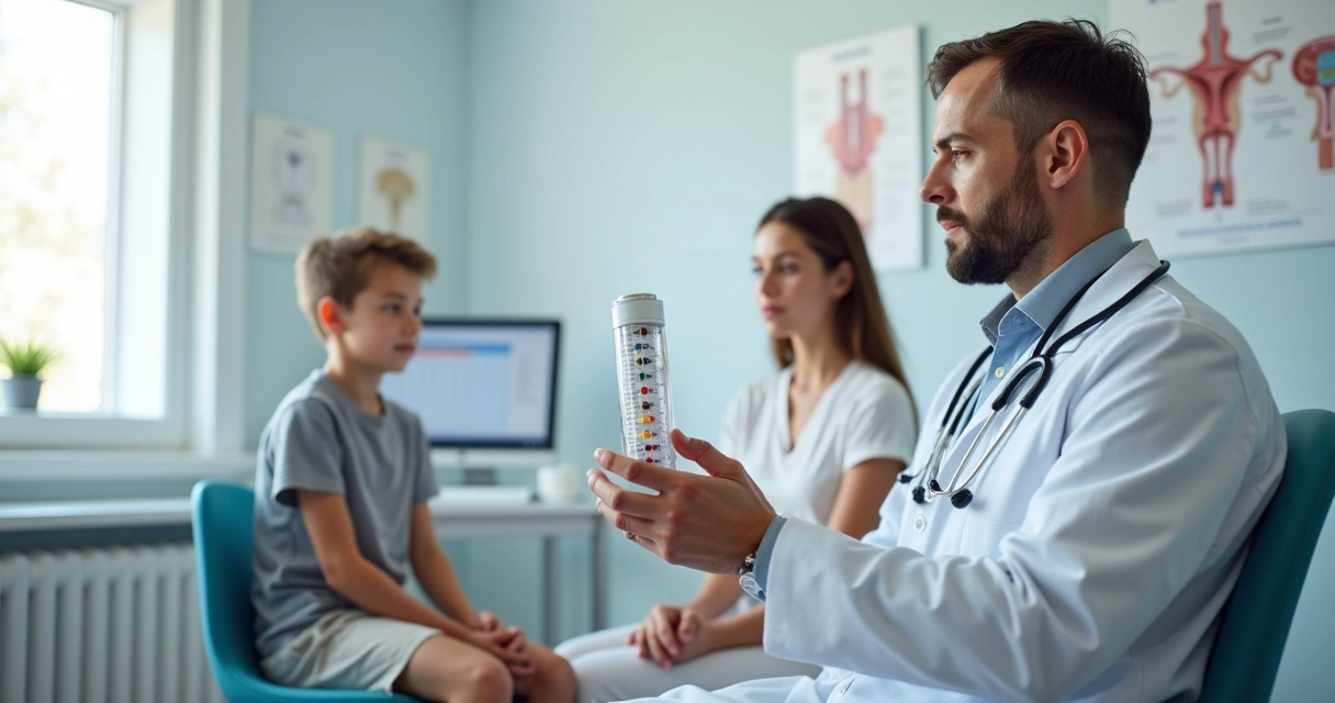 Urologista segurando orquidômetro durante avaliação de menino em consultório 