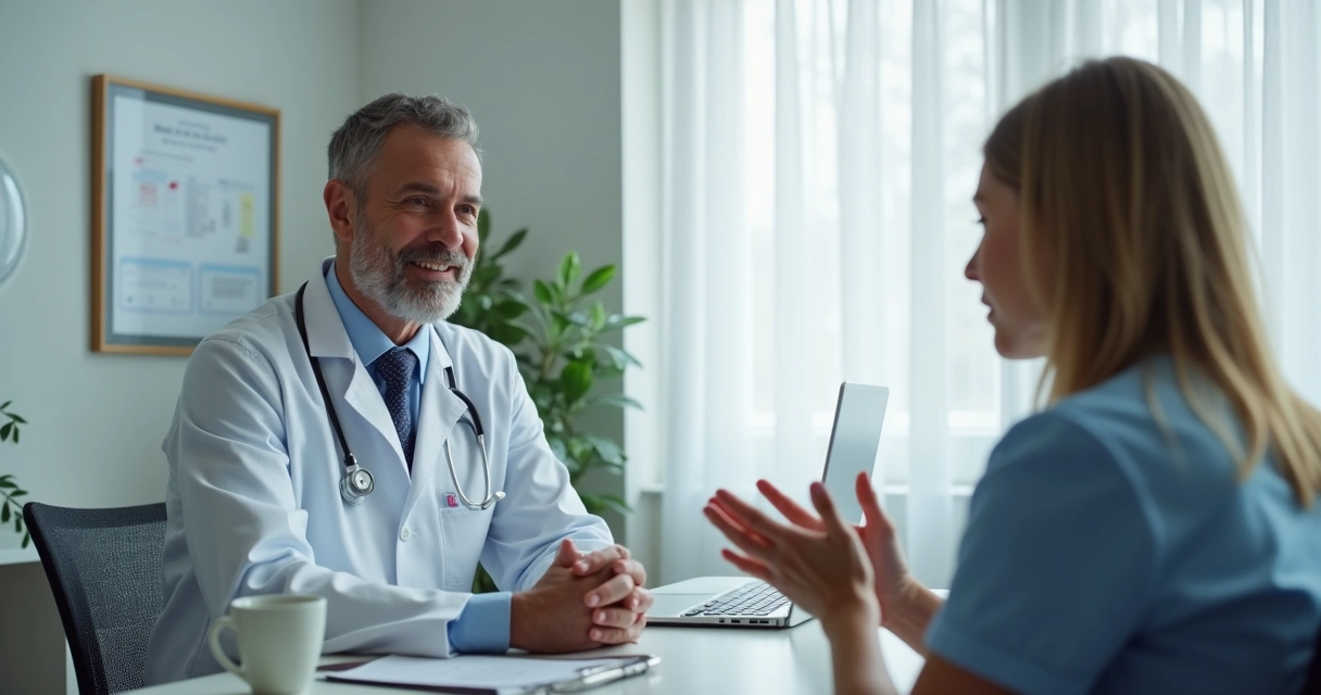 Médico sentado escutando paciente insatisfeito em consultório 