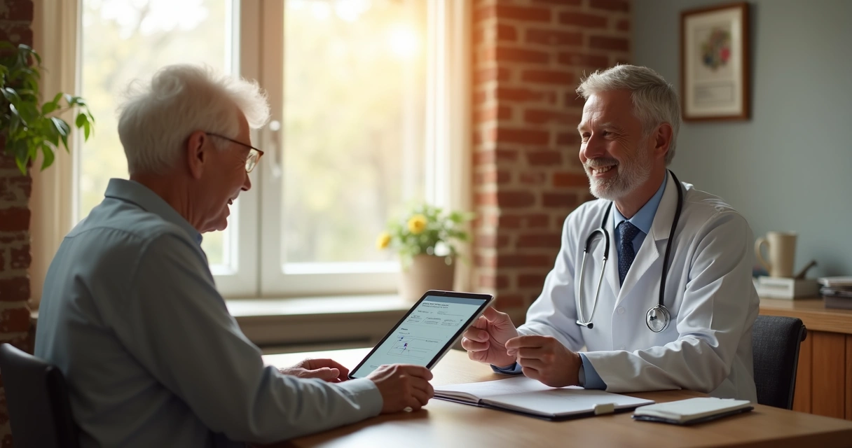 Médico com tablet em consulta atenta ao paciente 