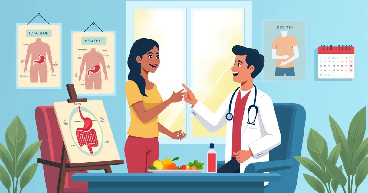 Consulta entre médico e paciente sobre cirurgia bariátrica, com alimentos saudáveis em foco.