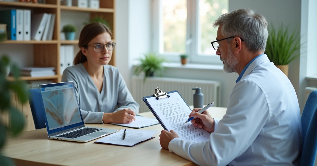 Médico explicando formulário de consentimento informado a paciente adulta em consultório 
