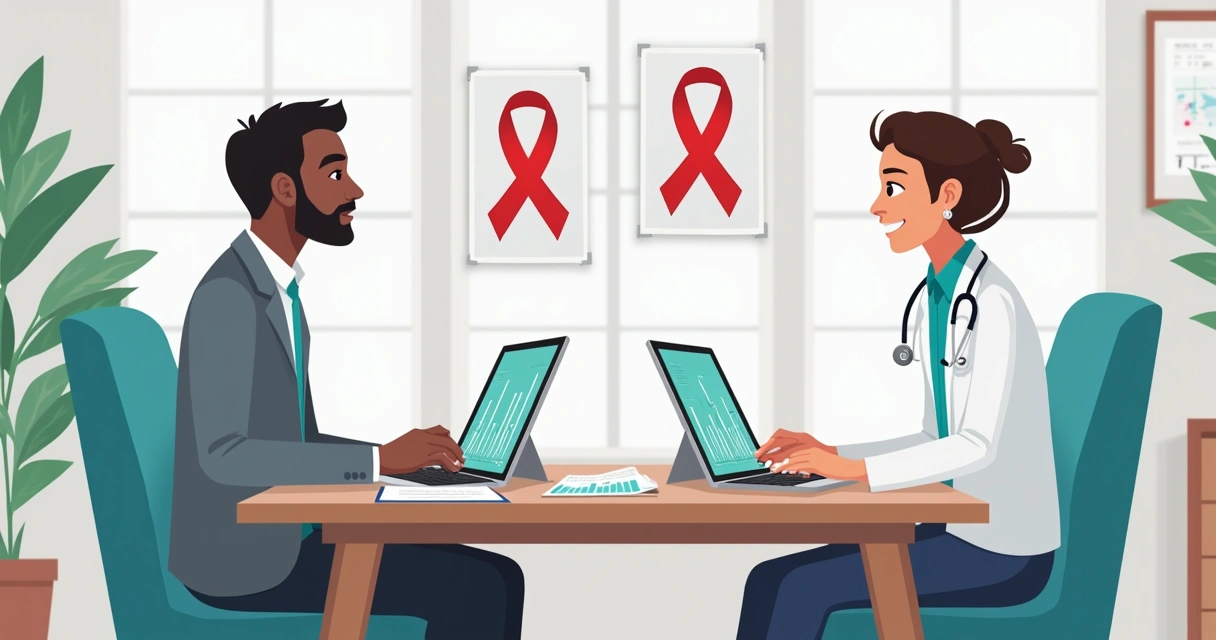 Eficácia e segurança dos regimes de duas drogas no HIV 3 Médico atendendo paciente durante consulta sobre HIV, ambos sentados em consultório acolhedor