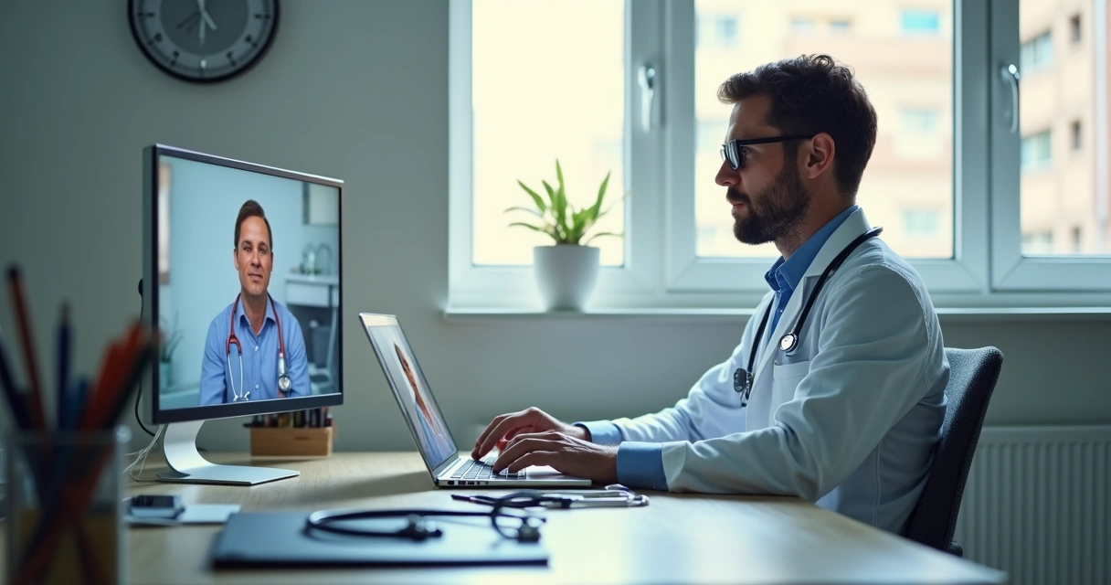 Médico atendendo paciente em telemedicina pelo notebook 