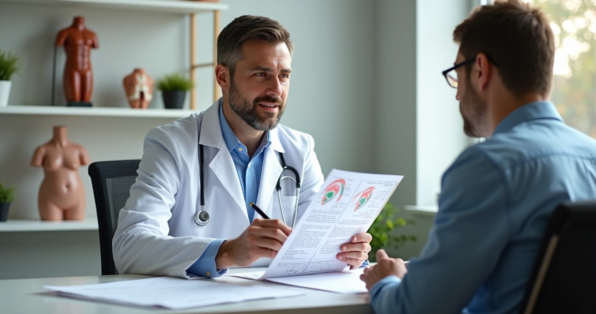 Médico em consultório explicando procedimentos para paciente sentado à frente 