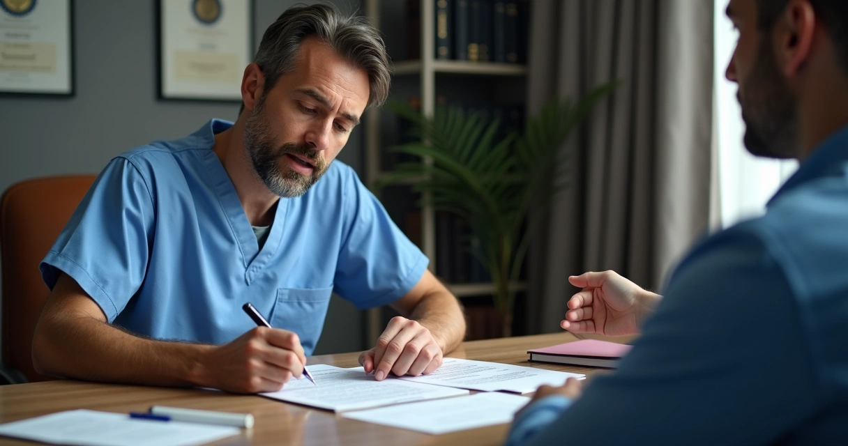 Médico explicando documento de acordo extrajudicial a paciente em consultório tranquilo 