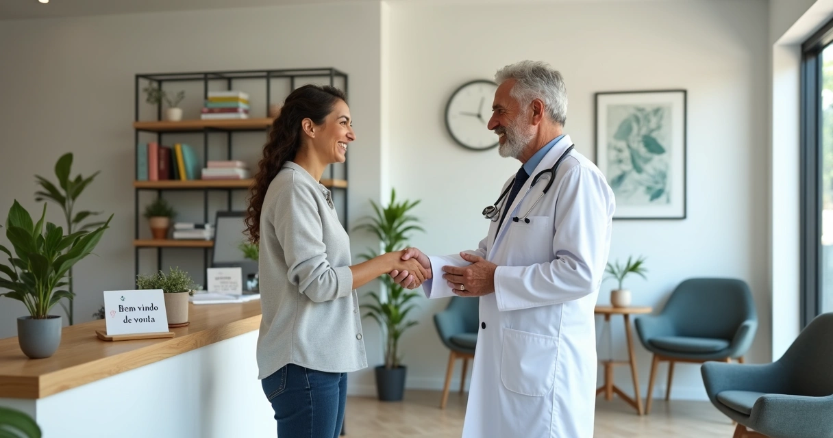 Médico cumprimentando paciente de volta ao consultório moderno 
