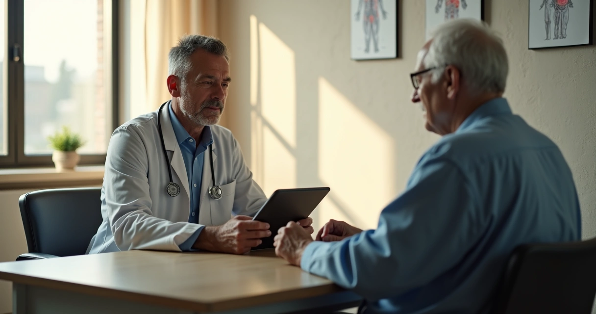 Médico conversando com paciente durante consulta em consultório. 