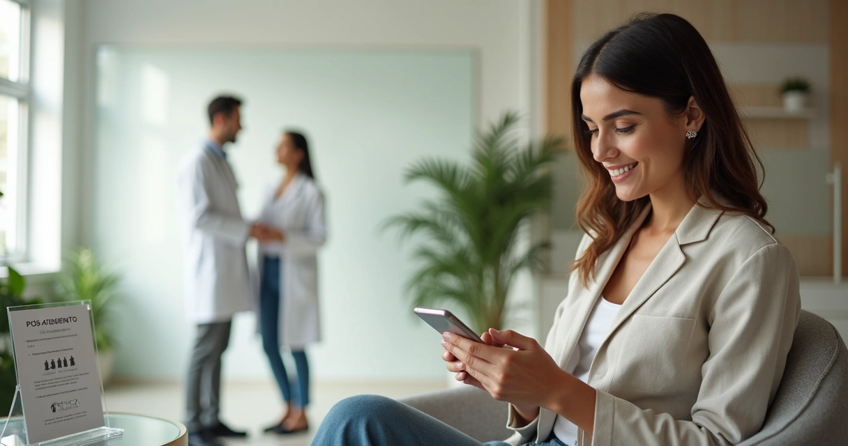 Médico conversa com paciente enquanto outra paciente aponta mensagem de indicação no celular 