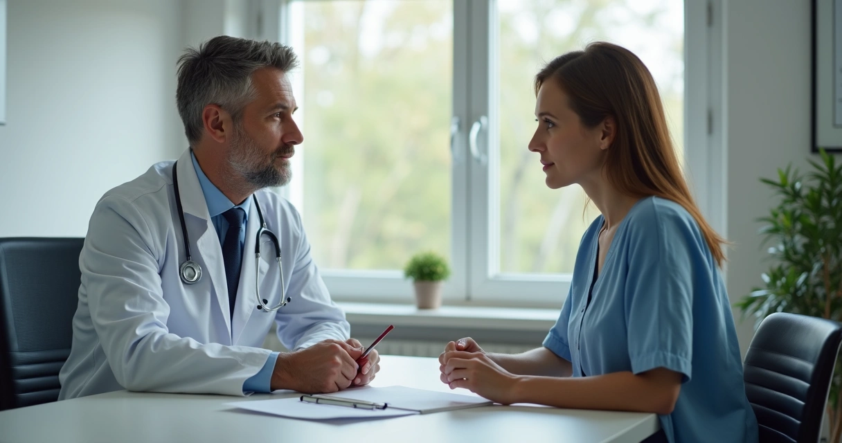 Médico explicando para paciente sobre seguro cirúrgico 