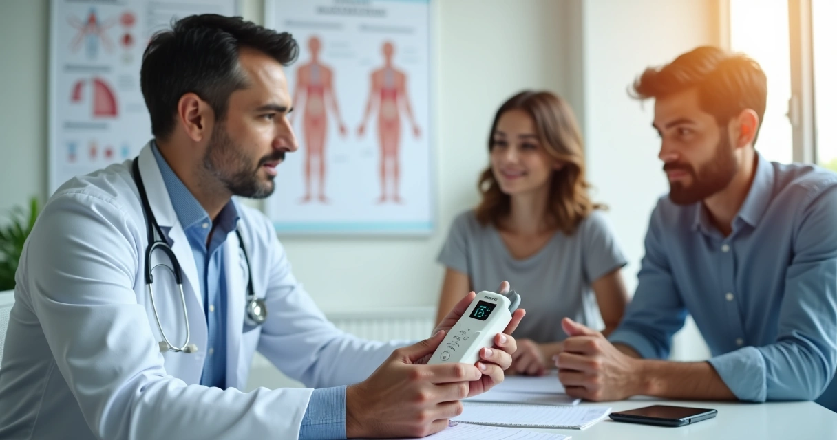 Médico mostrando orquidômetro para pais em consultório médico 