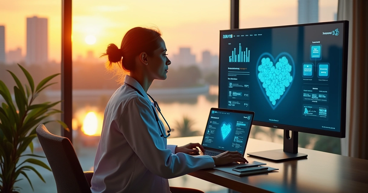 Médica em Palmas analisa painel de marketing digital com mapa da cidade ao fundo 