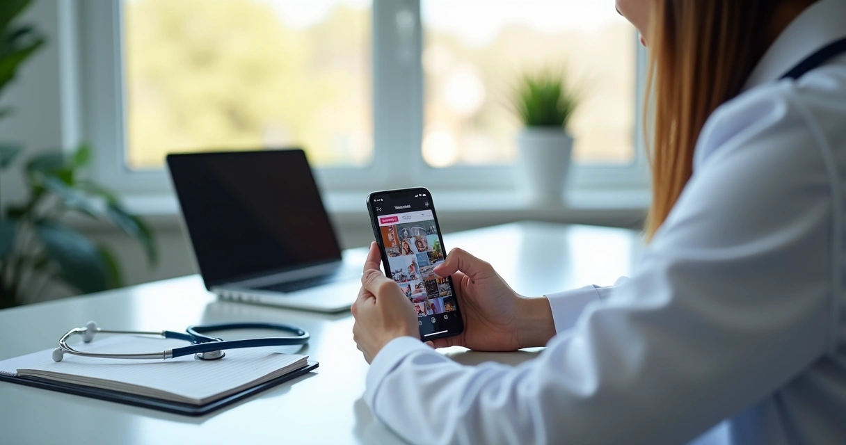 Médico desenvolvendo perfil profissional no Instagram em smartphone 