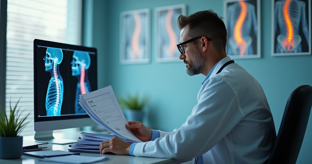 Médico analisando laudos de exames sentado à mesa 