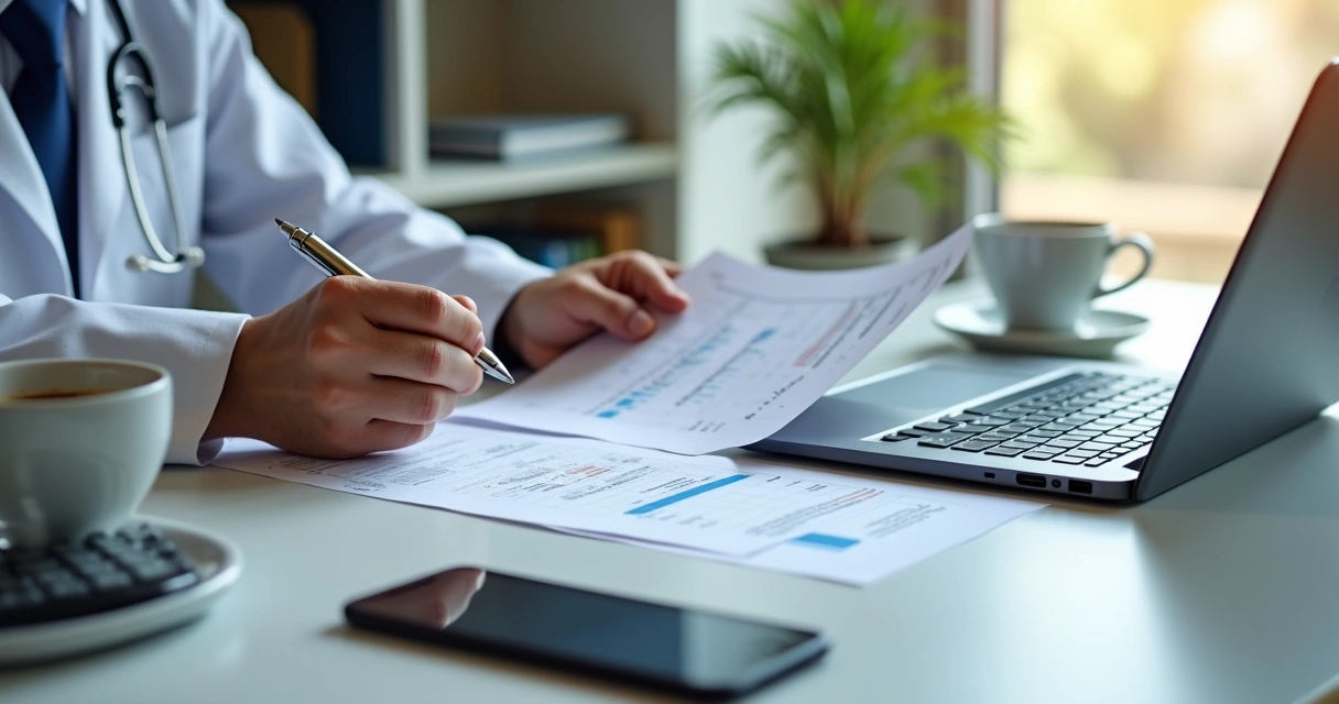 Médico PJ revisando documentos fiscais com calculadora e laptop em mesa de escritório 