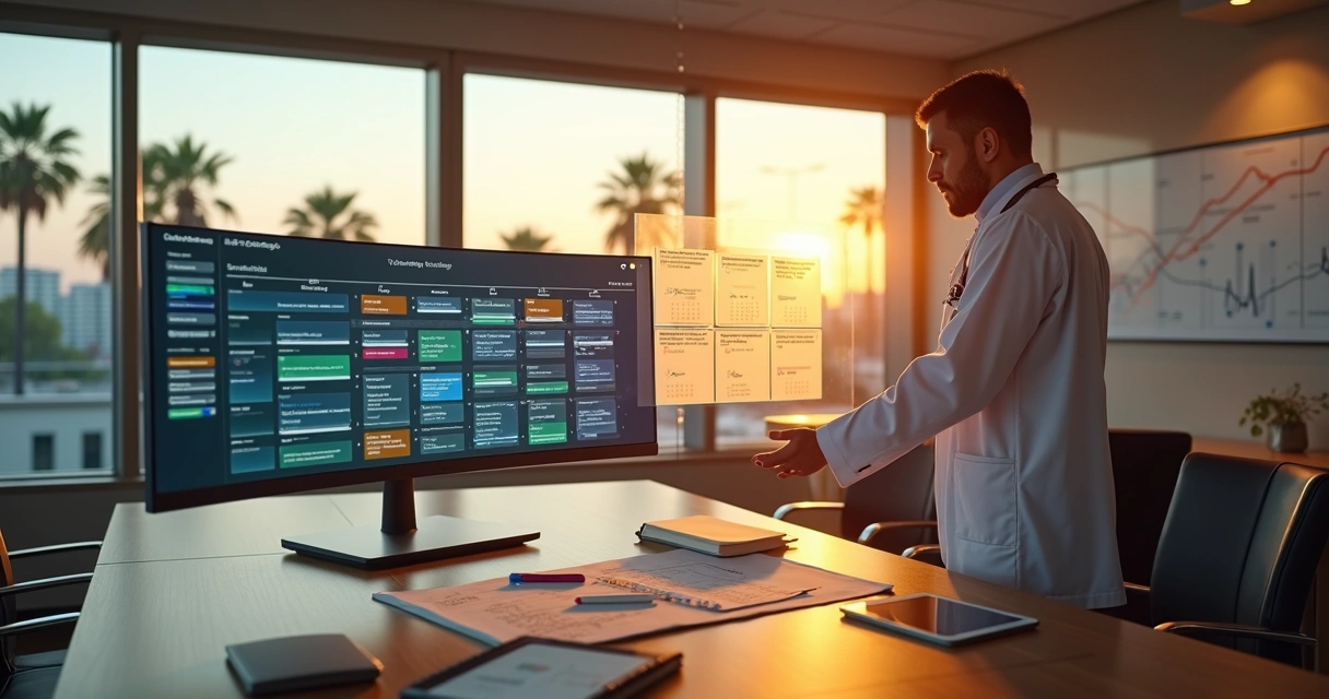 Médico organiza calendário de conteúdo digital com agenda lotada ao fundo 
