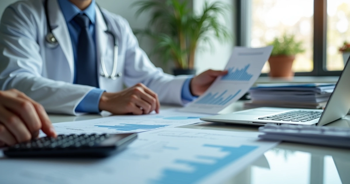 Médico analisando relatórios financeiros em escritório