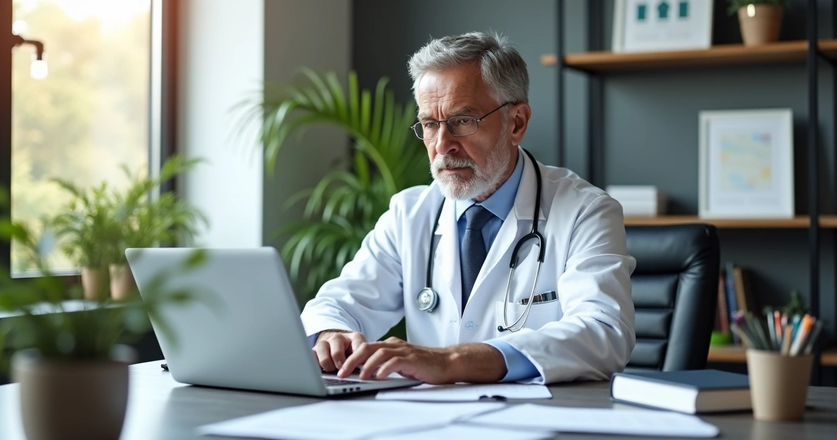 Médico analisando relatórios fiscais em consultório moderno 