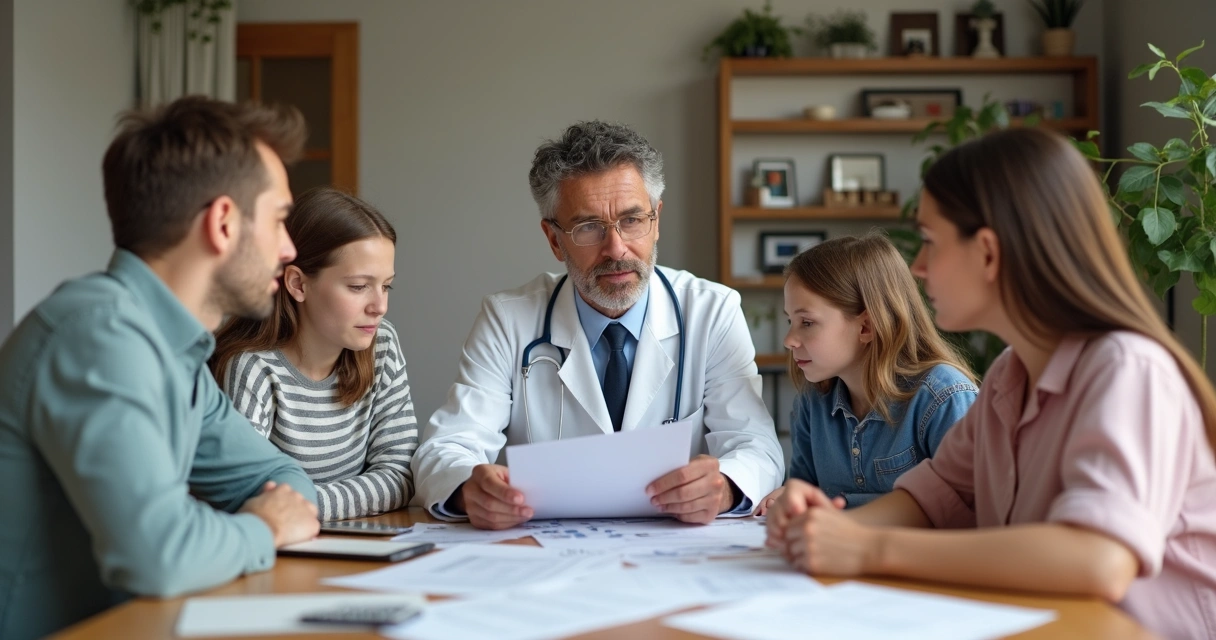 Médico em reunião familiar discutindo sucessão e patrimônio