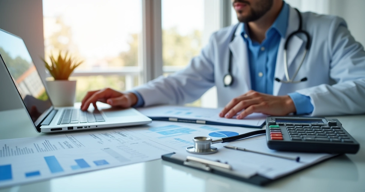 Médico analisando relatórios financeiros em escritório 