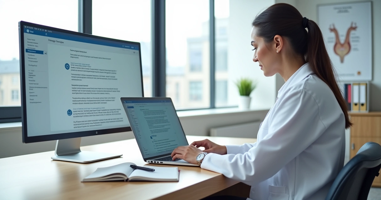 Profissional de saúde escrevendo blog médico com apoio de tela exibindo chatbot 