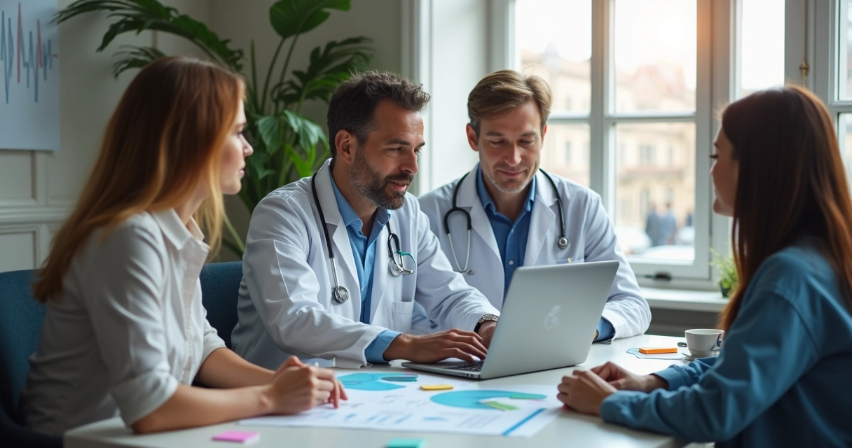 Médico planejando estratégia de marketing digital com equipe 