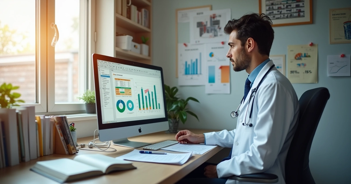 Médico analisando planilhas financeiras em consultório com computador 