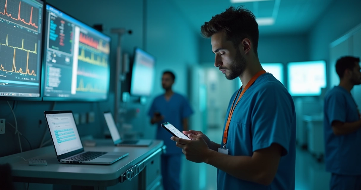 Médico plantonista consultando aplicativo médico em smartphone na sala de emergência 