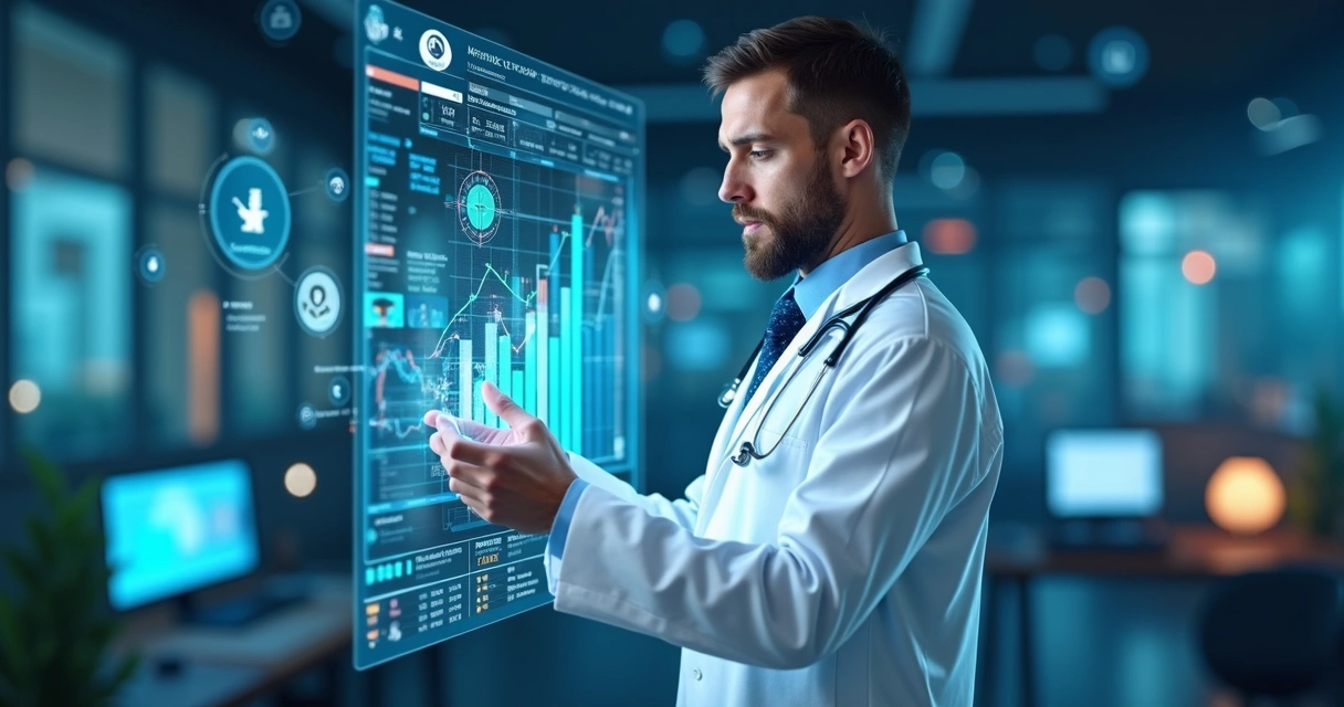 Médico analisando gráficos digitais em tela transparente com ícones de redes sociais ao redor 