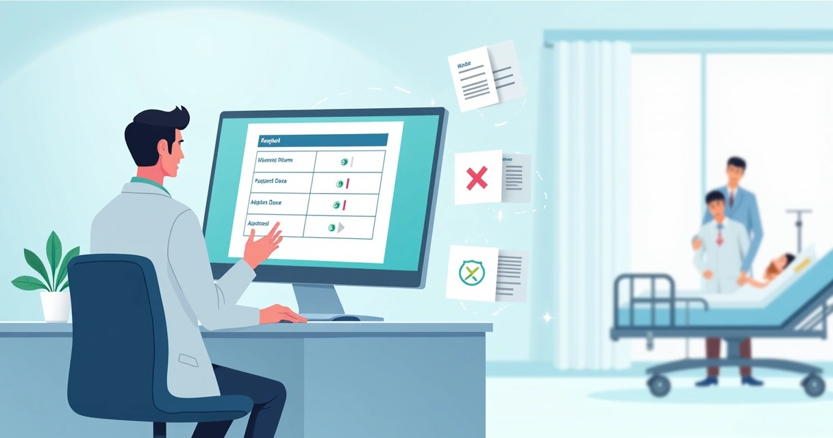 Médico preenchendo guia de internação digital em cenário hospitalar moderno 