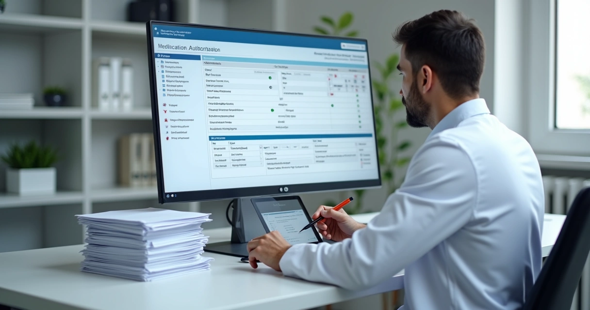 Médico analisando guia SADT digital em tela com dados organizados 