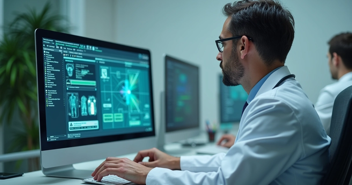 Médico digitando informações em prontuário eletrônico ao lado de tela de computador e gráficos digitais ilustrando inteligência artificial