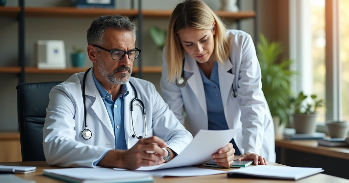 Médico sentado analisando documentos médicos em consultório tranquilo 