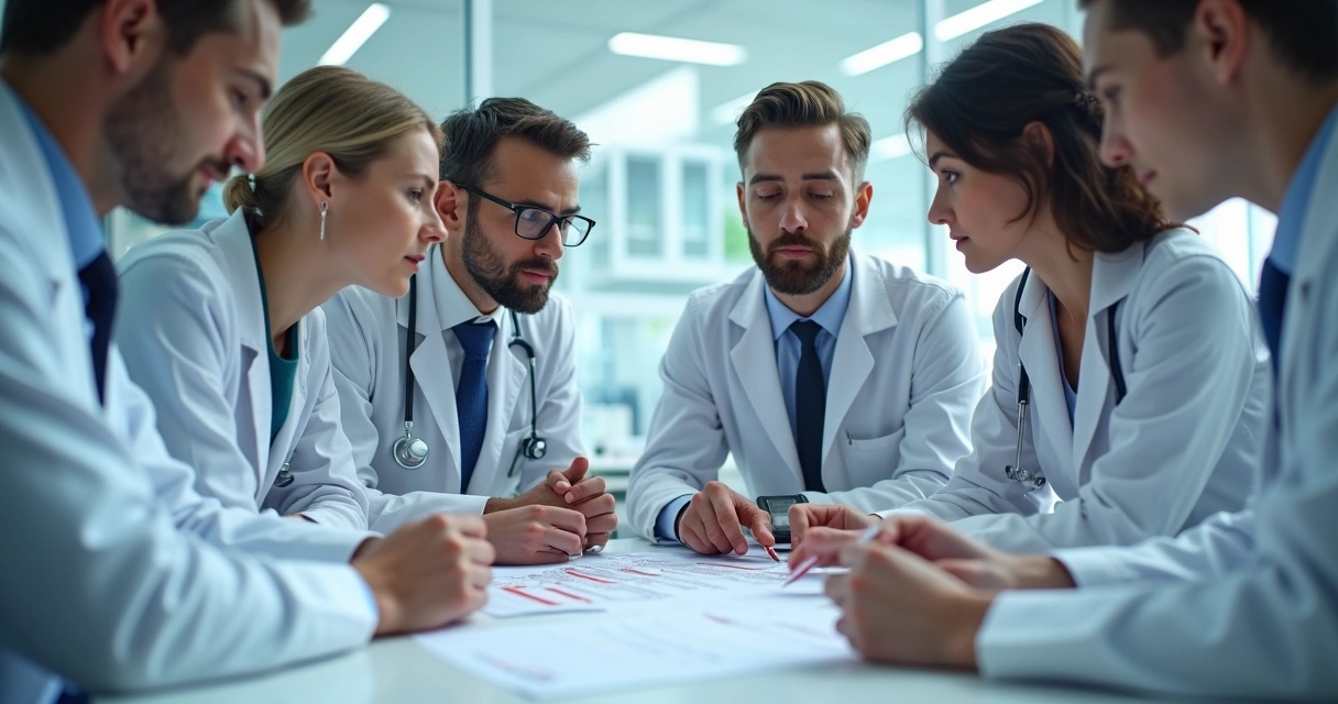 Equipe médica revisando exames laboratoriais
