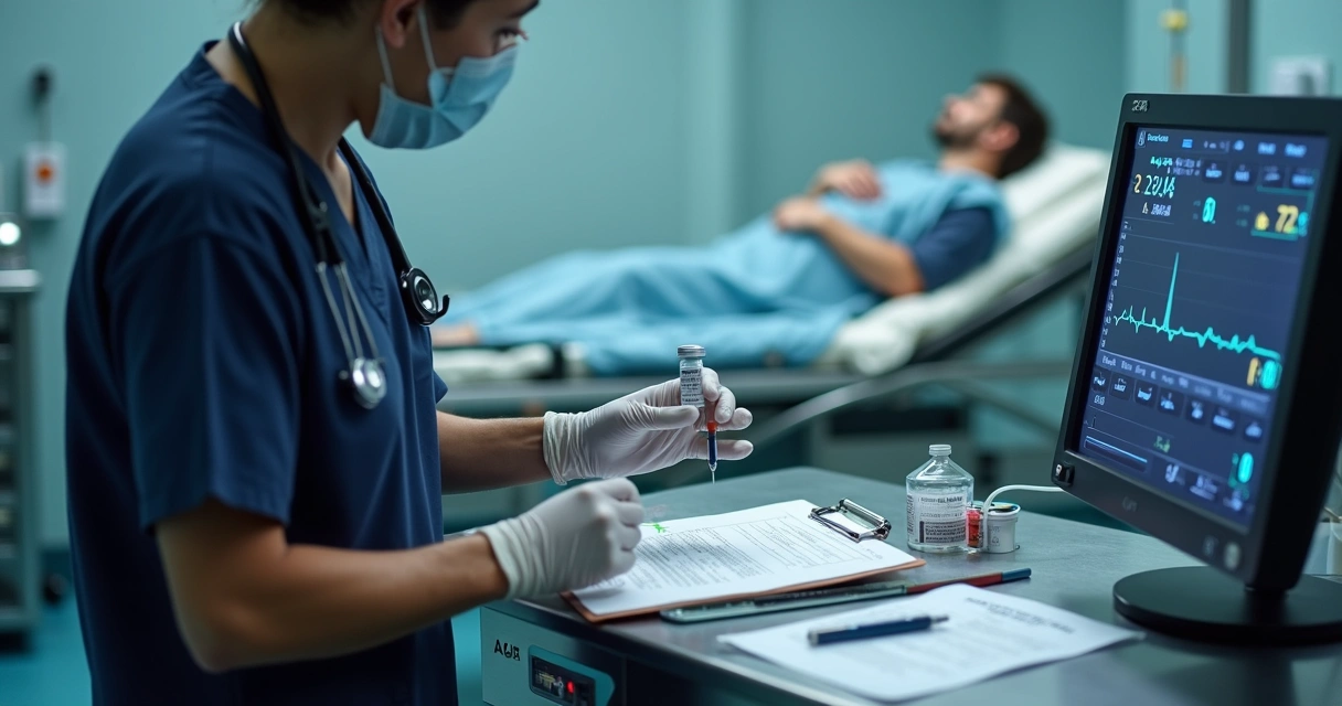 Médico em sala de hospital preparando seringa de cetamina ao lado de monitor cardíaco 