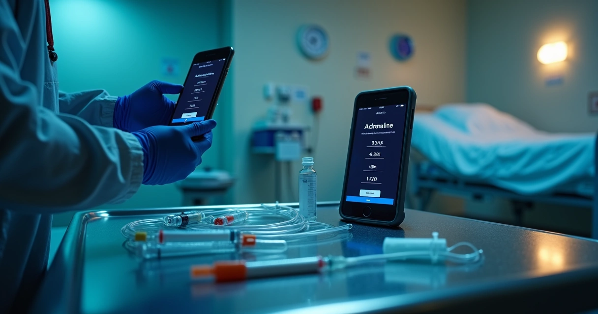 Médico segurando smartphone com aplicativo de dose de adrenalina em sala de emergência 