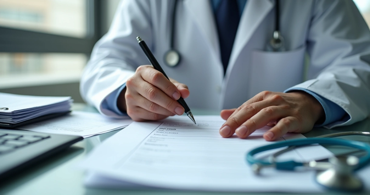 Médico escrevendo prescrição com documentos médicos na mesa. 