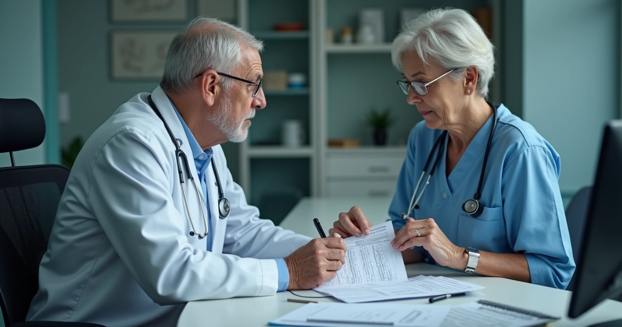 Profissional médico segurando receita médica em consultório 