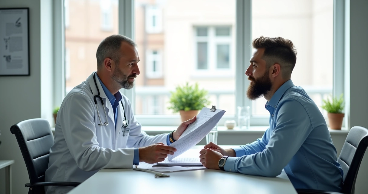 Médico segurando receita de reposição hormonal em clínica moderna