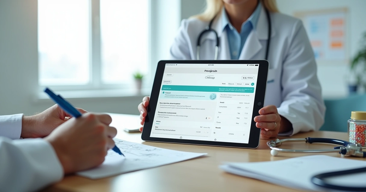 Médico segurando receita em papel ao lado de tablet com prescrição digital 