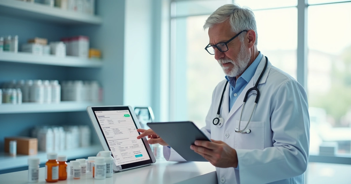 Médico analisa prescrição eletrônica em tablet ao lado de bancada com medicamentos 
