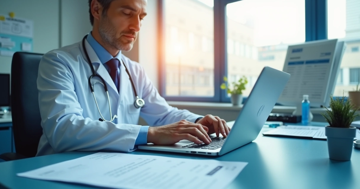 Médico sentado à mesa emitindo nota fiscal digital 
