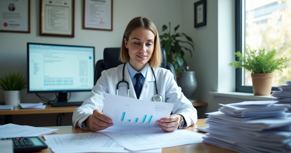 Médico analisando relatórios fiscais no consultório