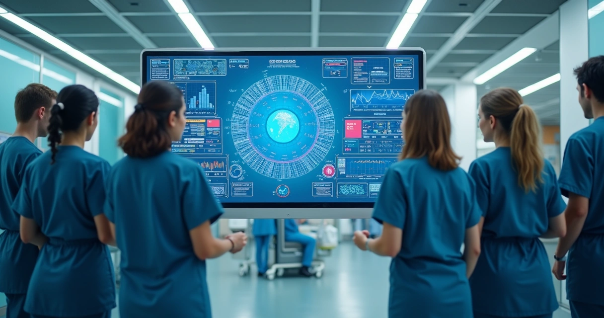 Equipe médica consultando tela grande com gráficos de IA e pacientes em destaque 