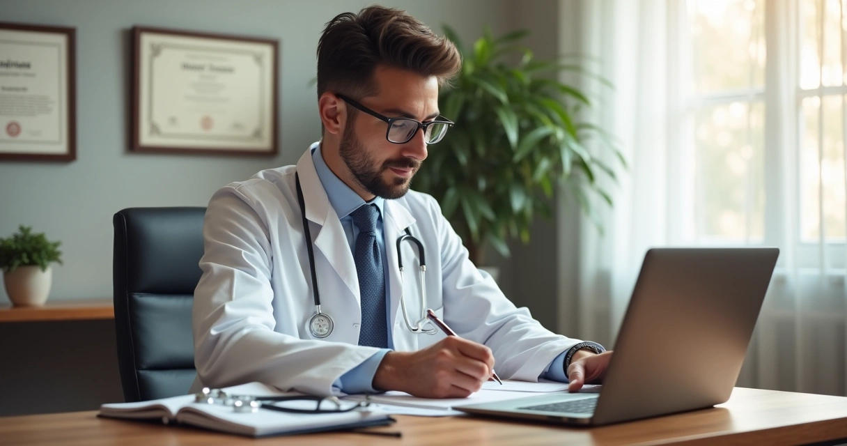 Médico sentado à mesa escrevendo conteúdo em um notebook 