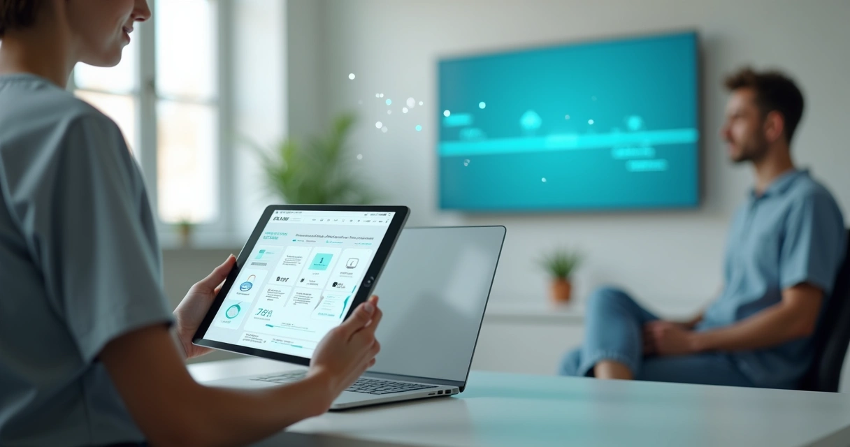 Profissional de saúde usando tablet com prontuário em nuvem e camada de IA ao lado de paciente em consultório moderno 